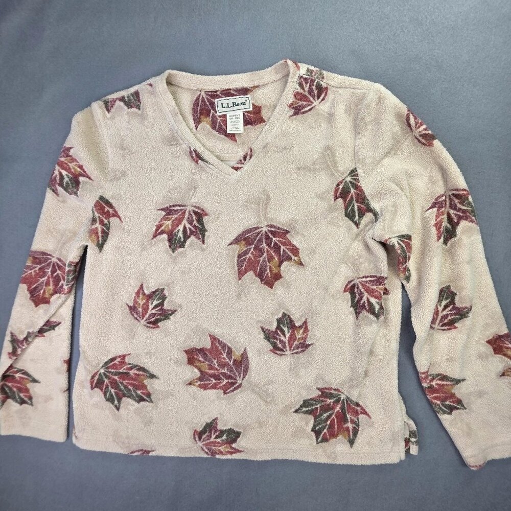 LL Bean Sweater Women Small Beige V Neck Maple Leaf Print Pullover Cotton Fleece